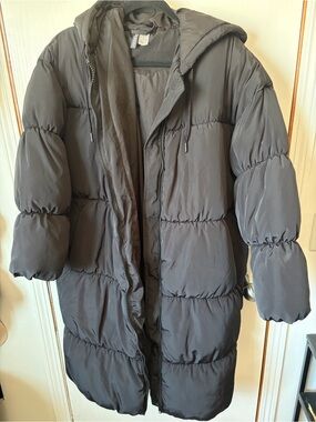 H&M Divided Black Quilted Hooded Long Puffer Coat